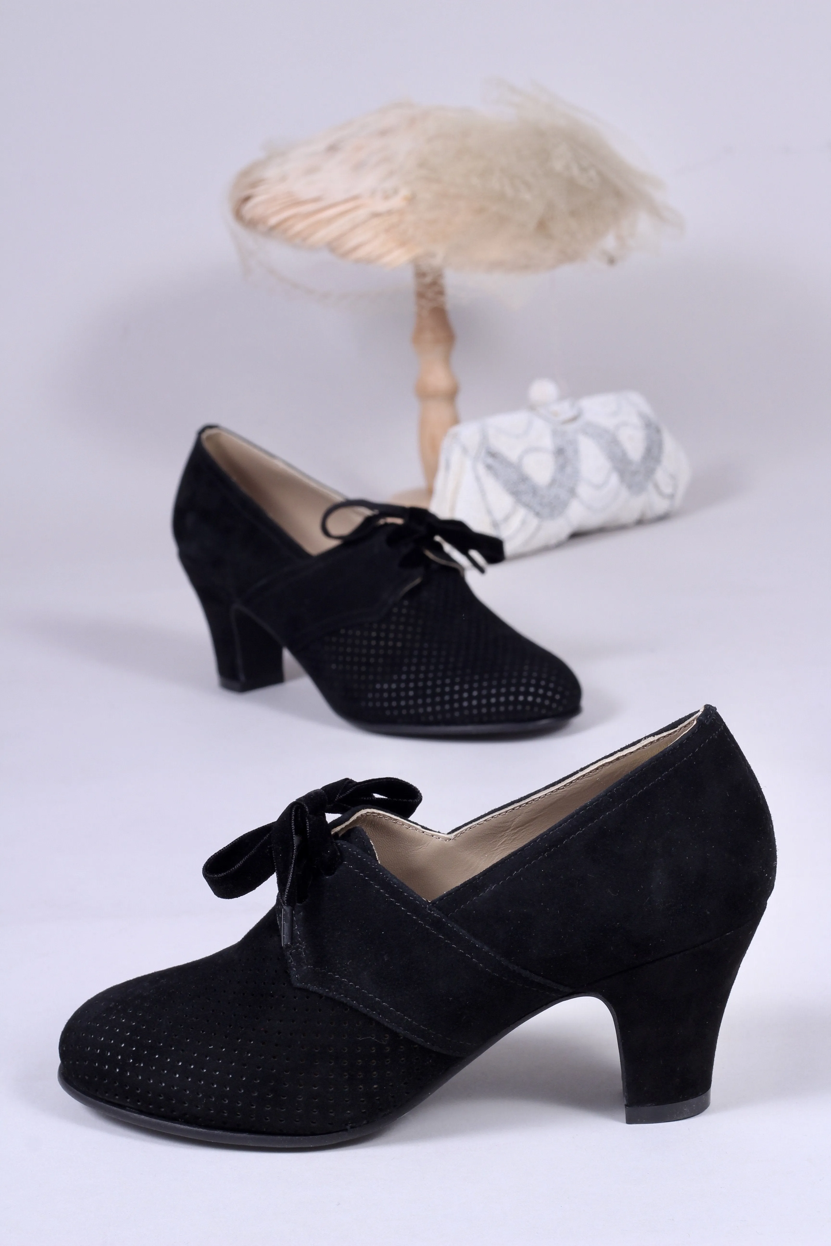 40s vintage style pumps in suede with lace - Black - Esther