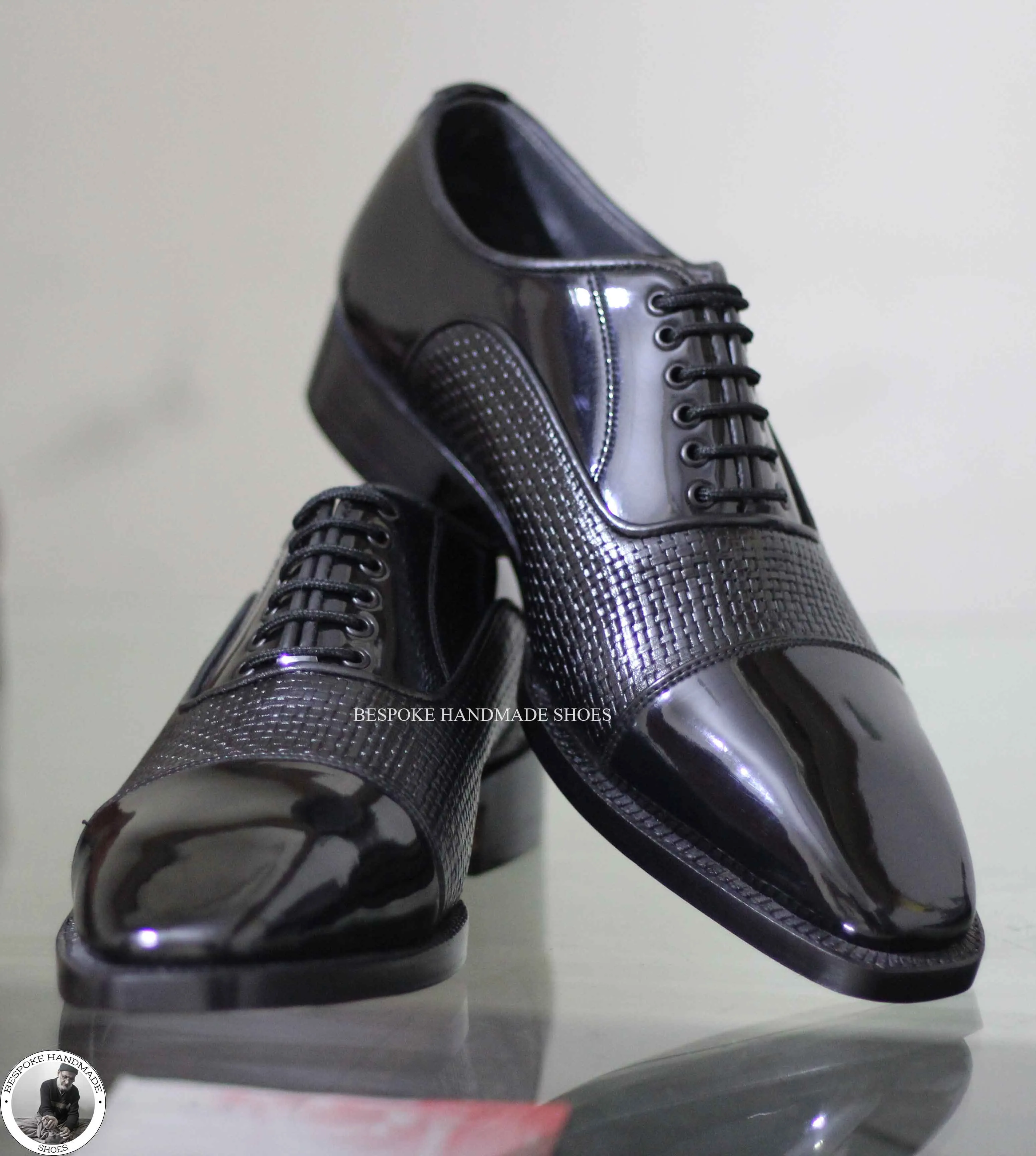 New Men's Handmade Black Leather Animal Print Oxford Toe Cap Patent Dress Shoes For Men's