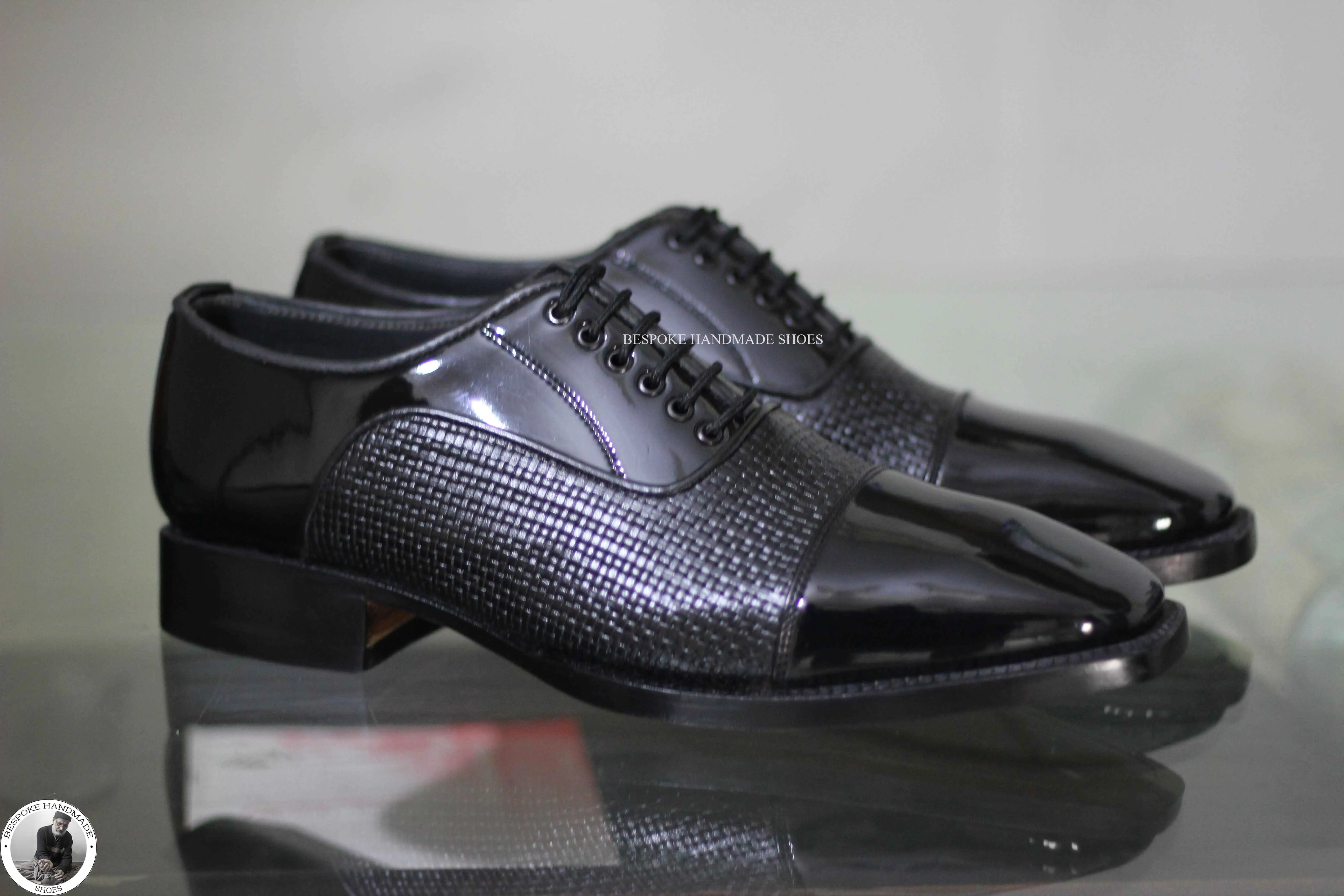 New Men's Handmade Black Leather Animal Print Oxford Toe Cap Patent Dress Shoes For Men's
