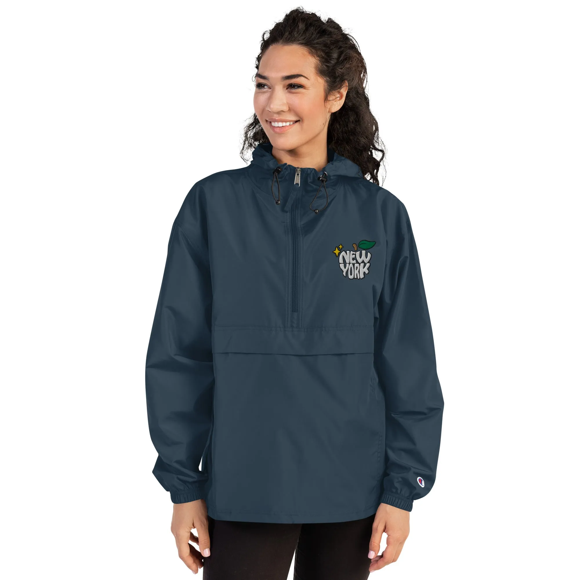 New York Apple Logo Embroidered Champion Packable Windbreaker Jacket