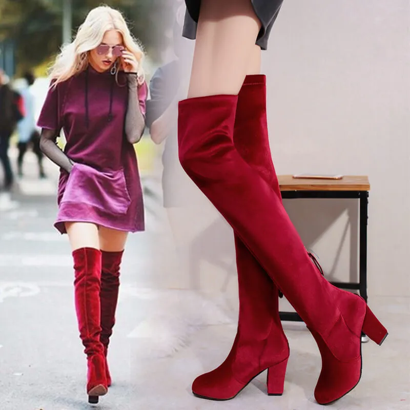 Over Knee Block High Heel Suede Boot