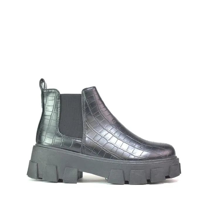 Womens Chelsea Platform Ankle Boots Black Croc PU