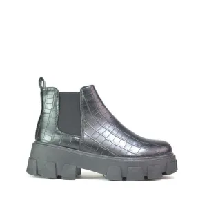 Womens Chelsea Platform Ankle Boots Black Croc PU